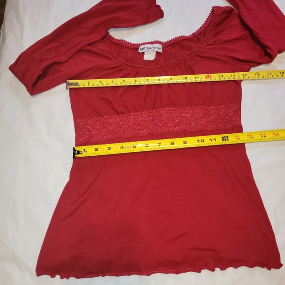 VTG 90s ❤️ Self Esteem ❤️ Red Peasant Blouse w/ Lace Empire Waist & Bell Sleeves - Picture 9 of 14
